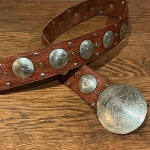 Vintage Leather Belt With Carved Metal Boho Details